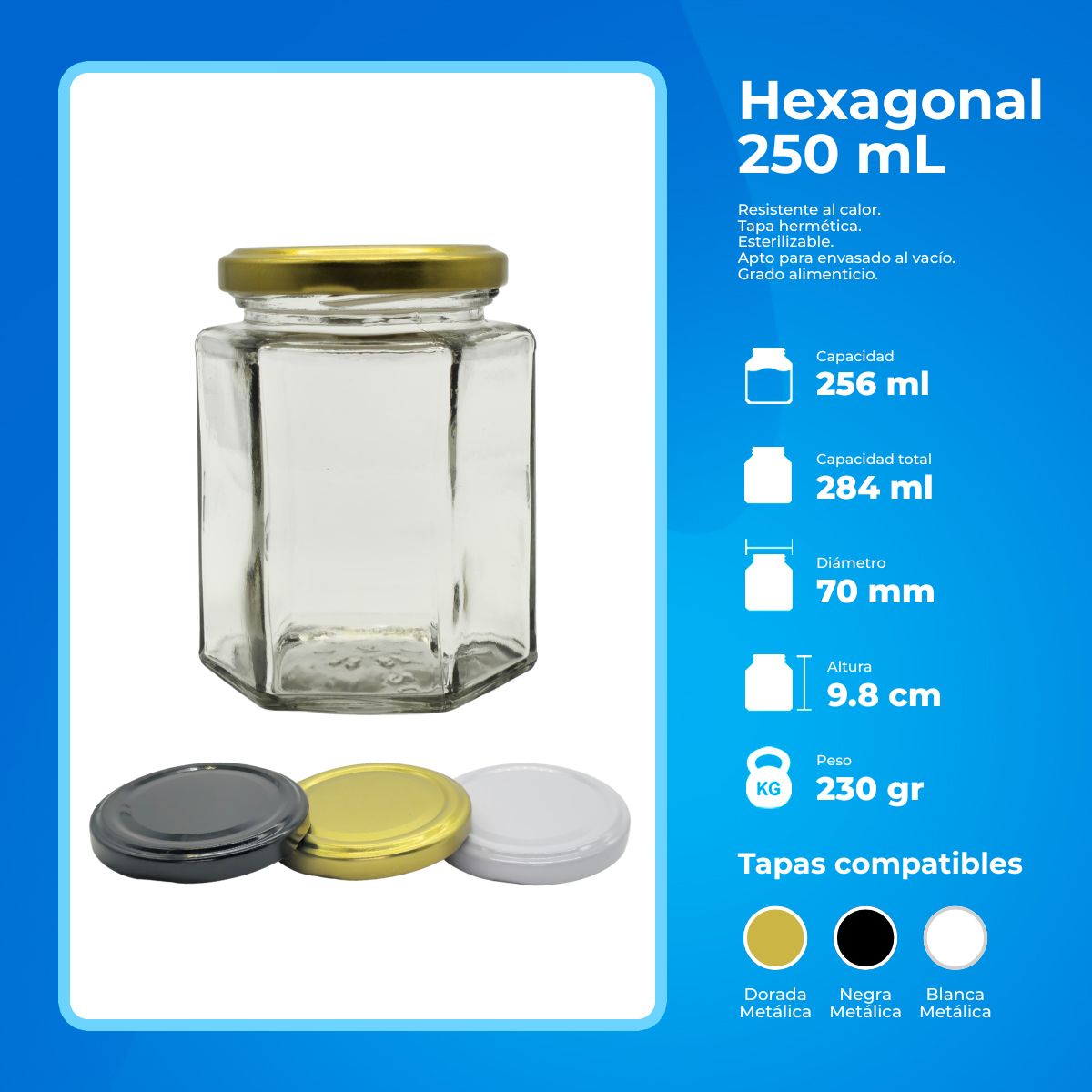 Frasco hexagonal 250 mL - caja de 12 piezas | Tapa no incluida