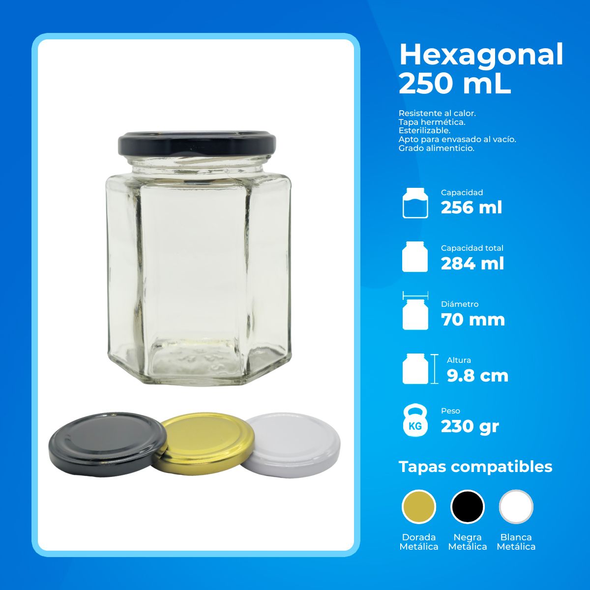 Frasco hexagonal 250 mL - caja de 12 piezas | Tapa no incluida