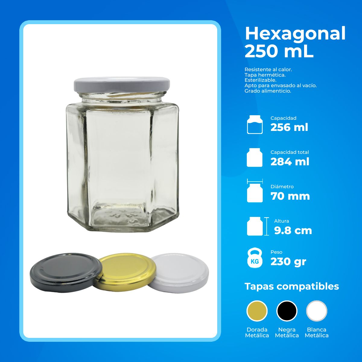 Frasco hexagonal 250 mL - caja de 12 piezas | Tapa no incluida